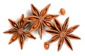 Star anise. Three star anise fruits with two seeds. Macro close up Isolated on white background with shadow, top view of chinese Royalty Free Stock Photo