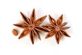 Star anise. Two star anise fruits with seed. Macro close up Isolated on white background with shadow, top view of chinese badiane Royalty Free Stock Photo