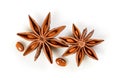 Star anise. Two star anise fruits with seeds. Macro close up Isolated on white background with shadow, top view of chinese badiane Royalty Free Stock Photo