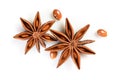 Star anise. Two star anise fruits with three seeds. Macro close up Isolated on white background with shadow, top view of chinese Royalty Free Stock Photo