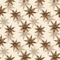 Star anise. Winter spice. Seamless pattern. Hand drawn watercolor illustration.