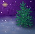 Star of Bethlehem. Navidad. Vector illustration with christmas pine tree, snowflakes and night sky Royalty Free Stock Photo