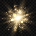 Star burst with sparkles and bokeh. Golden light flare effect with stars, sparkles and glitter isolated on transparent background Royalty Free Stock Photo