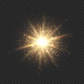 Star burst with sparkles. Golden light flare effect with stars, sparkles and glitter isolated on transparent background Royalty Free Stock Photo