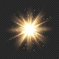 Star burst with sparkles. Golden light flare effect with stars, sparkles and glitter isolated on transparent background Royalty Free Stock Photo