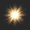 Star burst with sparkles. Golden light flare effect with stars, sparkles and glitter isolated on transparent background Royalty Free Stock Photo