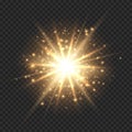 Star burst with sparkles. Golden light flare effect with stars, sparkles and glitter isolated on transparent background Royalty Free Stock Photo