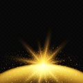 Star burst with sparkles. Golden light flare effect with stars, sparkles and glitter isolated on dark transparent background. Royalty Free Stock Photo