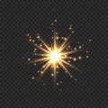 Star burst with sparkles. Golden light flare effect with stars, sparkles and glitter isolated on transparent background Royalty Free Stock Photo