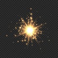 Star burst with sparkles. Golden light flare effect with stars, sparkles and glitter isolated on transparent background Royalty Free Stock Photo