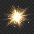 Star burst with sparkles. Golden light flare effect with stars, sparkles and glitter isolated on transparent background Royalty Free Stock Photo