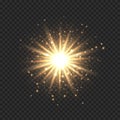 Star burst with sparkles. Golden light flare effect with stars, sparkles and glitter isolated on transparent background Royalty Free Stock Photo