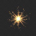 Star burst with sparkles. Golden light flare effect with stars, sparkles and glitter isolated on transparent background. Vector Royalty Free Stock Photo