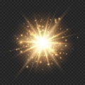 Star burst with sparkles. Golden light flare effect with stars, sparkles and glitter isolated on transparent background. Vector Royalty Free Stock Photo