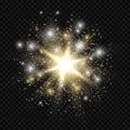 Star burst with sparkles. Golden and silver light flare effect with stars, sparkles and glitter isolated on transparent background Royalty Free Stock Photo