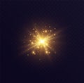 Star burst with sparkles, lens flare with particles, golden star explosion. Shining sun with fairy dust.