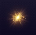 Star burst with sparkles, lens flare with particles, golden star explosion. Shining sun with fairy dust.