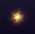 Star burst with sparkles, lens flare with particles, golden star explosion. Shining sun with fairy dust.