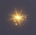 Star burst with sparkles, lens flare with particles, golden star explosion. Shining sun with fairy dust.