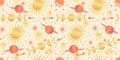 Star celestial seamless pattern with sun and planet. Magical astrology in vintage boho style. Golden sun with rays and