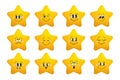 Star character set. Gold funny stars with emotions on face, cute cartoon emoji design.