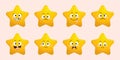 Star character set. Gold funny stars with emotions on face, cute cartoon emoji design.