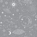 Star constellation moon and sun on gray seamless pattern Royalty Free Stock Photo