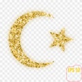 Star and crescent moon. Islam symbol. Gold stars confetti