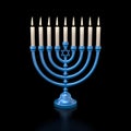 Star of David blue Hanukkah menorah on black background