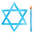 Star of David, candle burning. Blue Hanukkah Symbols. Watercolor illustration, isolated on white background