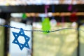 Star of David decorations inside a Jewish family Sukkah Royalty Free Stock Photo