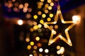 Star decoration, New year light bokeh, Yellow decor lights