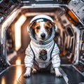 Star Dog Patron. Portrait of a brave pet in space suit with fantastic interior