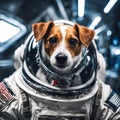 Star Dog Patron. Portrait of a brave pet in space suit with fantastic interior