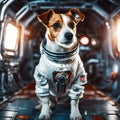 Star Dog Patron. Portrait of a brave pet in space suit with fantastic interior