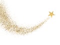 Star dust trail with glitter sparkling particles on white background. Gold glittering space comet tail. Cosmic wave