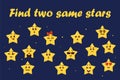 Star emoji. Find same faces. Funny emoticons. Preschool kids worksheet. Studying task. Logic game. Similar space