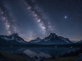 A star-filled night sky above a tranquil mountain landscape.