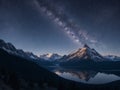 star-filled night sky above a tranquil mountain landscape.