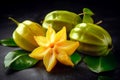 Star fruit carambola with leaves. Generate ai