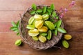 Star fruits on a wood table, top view Royalty Free Stock Photo