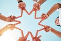 Star, hands and business people with peace sign on sky background for teamwork, solidarity or commitment from blow. V