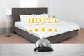5 Star hotel. Reception desk with service bell and view of bedroom on background Royalty Free Stock Photo