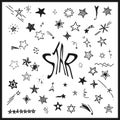 Star icons. Set of black sparkle effect. Magic particle flat scribble design on white background. Shine effect cartoon doodle. Royalty Free Stock Photo