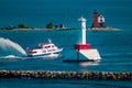 Star line ferry passing the two lighthouses on Mackinac Island Michigan Royalty Free Stock Photo