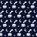 Star night seamless pattern with houses and moon. Flat vector background in black and white. Royalty Free Stock Photo