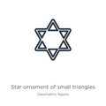 Star ornament of small triangles icon. Thin linear star ornament of small triangles outline icon isolated on white background from Royalty Free Stock Photo