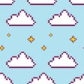 star pixel sky, stars and clouds seamless pattern, squares, retro Royalty Free Stock Photo