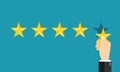 5 star. Positive review of customer. Feedback with satisfaction rating. Hand hold star. Survey about quality service. Concept of Royalty Free Stock Photo