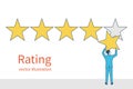 Star rating. Businessman holding a gold star in hand, to give five Royalty Free Stock Photo